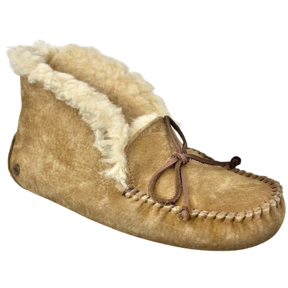 UGG Alena Moccasin Slippers Booties US 6 Chestnut Tan Suede Shearling Lined Wool